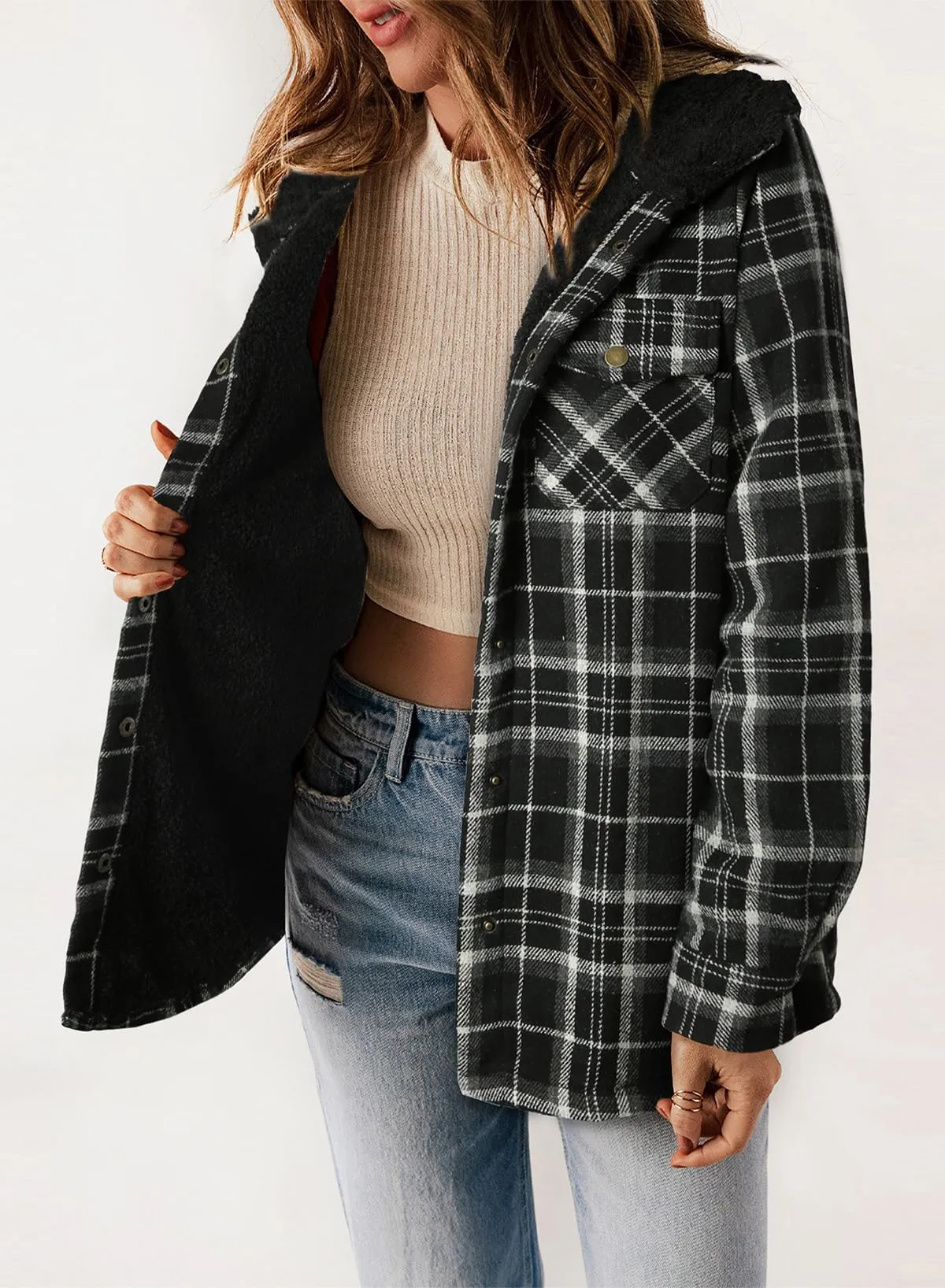 Black Fleece Jacket Women Plaid Shacket Long Sleeve Button Down  - Dokotoo