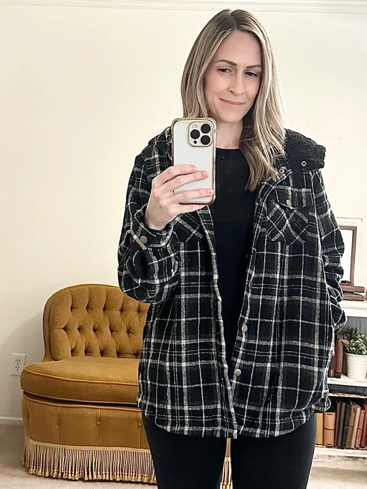 Black Fleece Jacket Women Plaid Shacket Long Sleeve Button Down  - Dokotoo