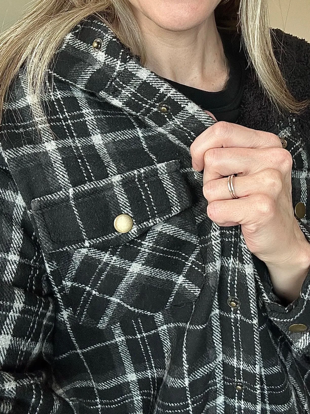 Black Fleece Jacket Women Plaid Shacket Long Sleeve Button Down  - Dokotoo