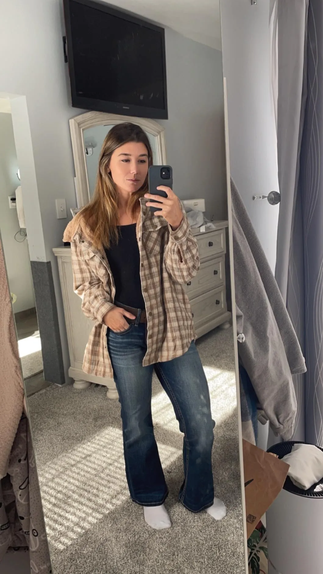 Black Fleece Jacket Women Plaid Shacket Long Sleeve Button Down  - Dokotoo