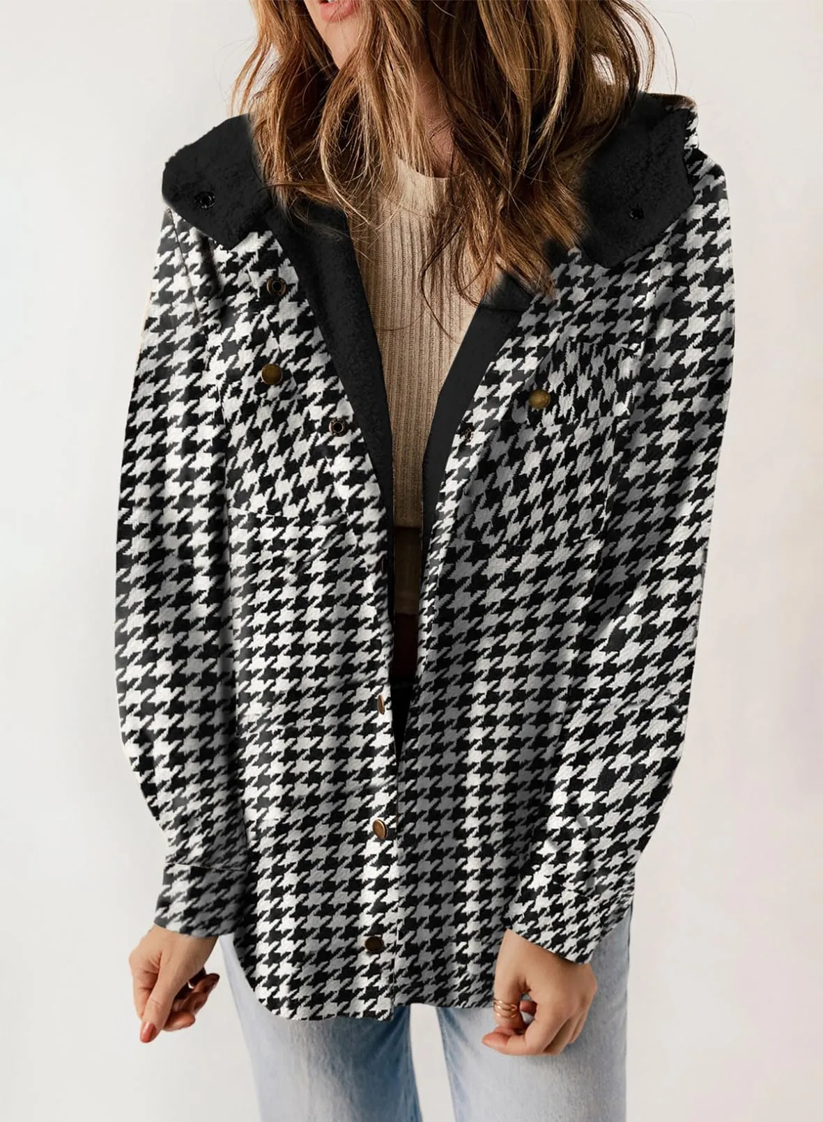 Black Fleece Jacket Women Plaid Shacket Long Sleeve Button Down  - Dokotoo