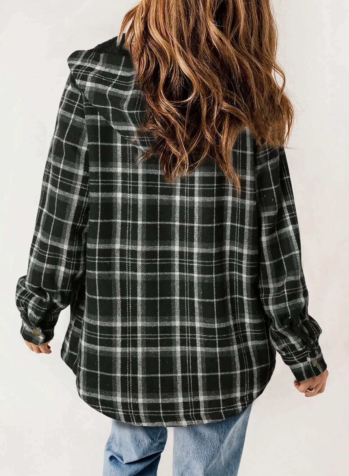 Black Fleece Jacket Women Plaid Shacket Long Sleeve Button Down  - Dokotoo