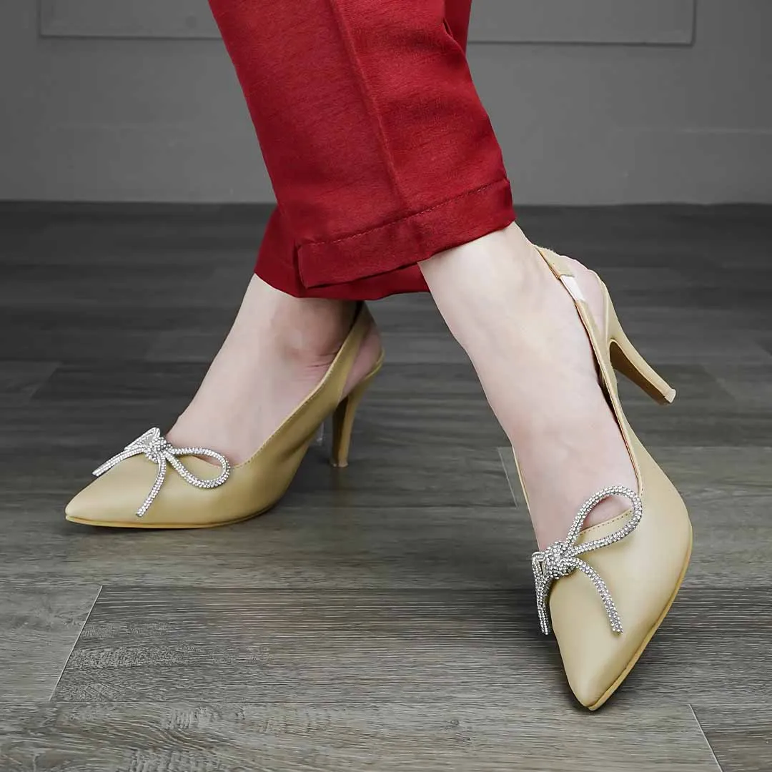 Crystal Bow Kitten Heels Beige