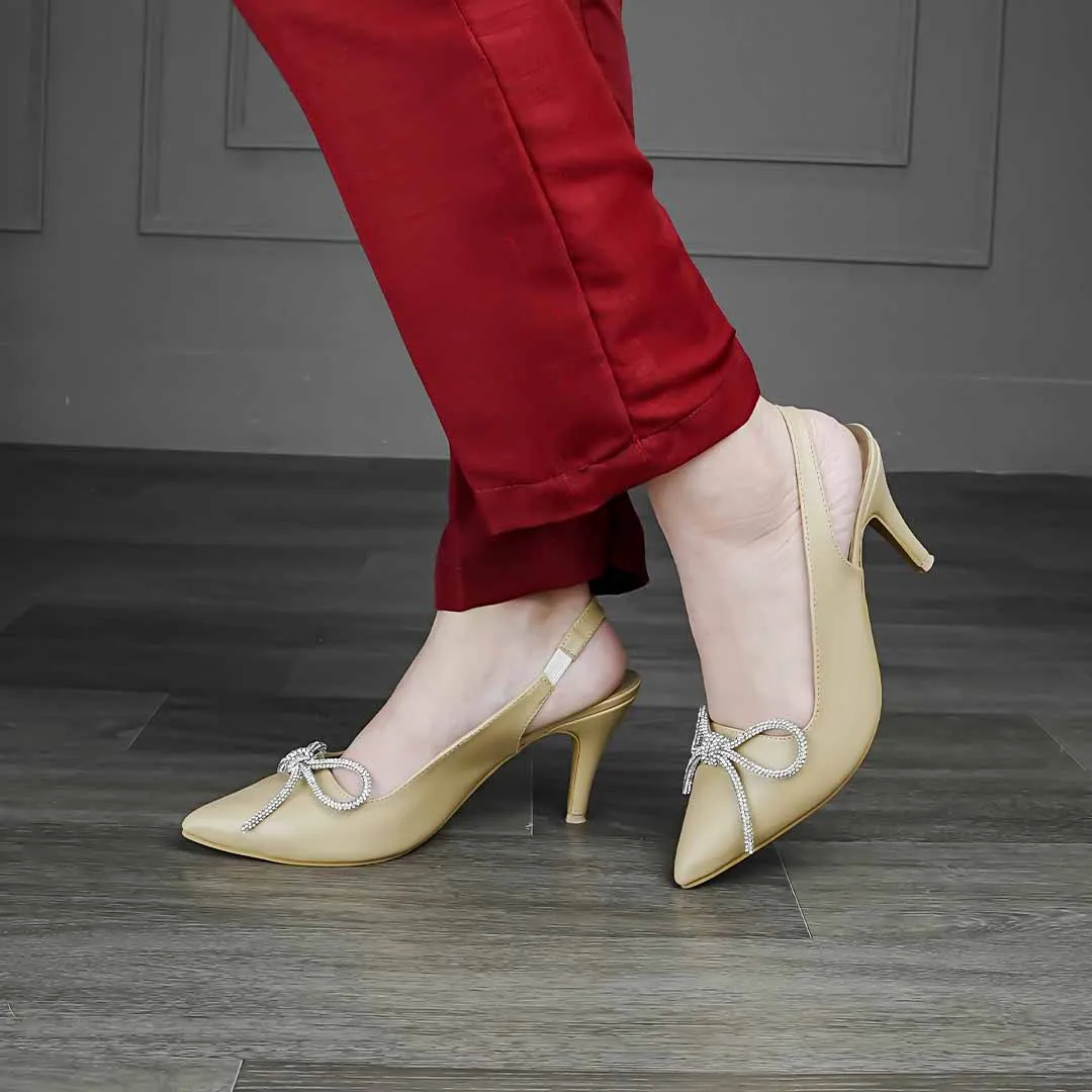 Crystal Bow Kitten Heels Beige