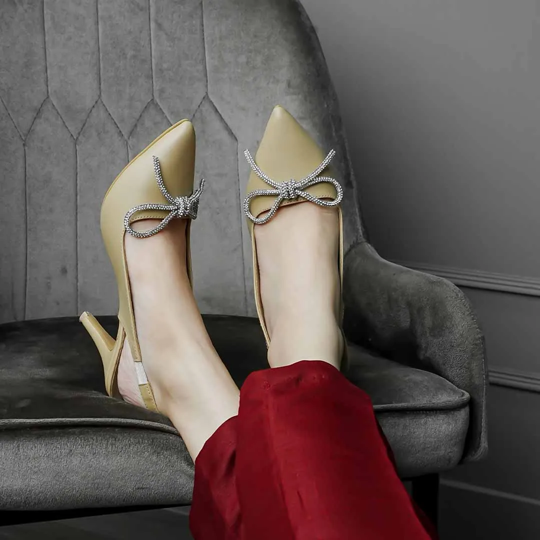 Crystal Bow Kitten Heels Beige