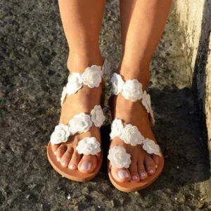 elveswallet Beach White Summer Flat Flower Sandals Holiady Slippers
