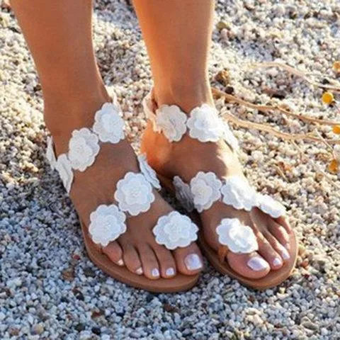 elveswallet Beach White Summer Flat Flower Sandals Holiady Slippers