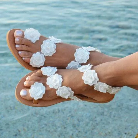elveswallet Beach White Summer Flat Flower Sandals Holiady Slippers
