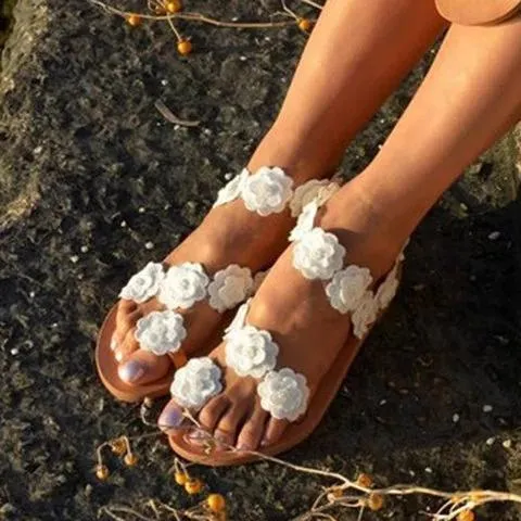 elveswallet Beach White Summer Flat Flower Sandals Holiady Slippers