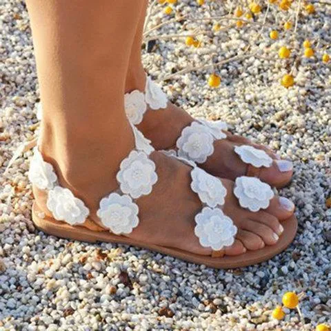 elveswallet Beach White Summer Flat Flower Sandals Holiady Slippers