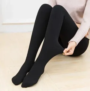 FLEECE LINED THERMAL LEGGING TIGHTS SOLID BLACK