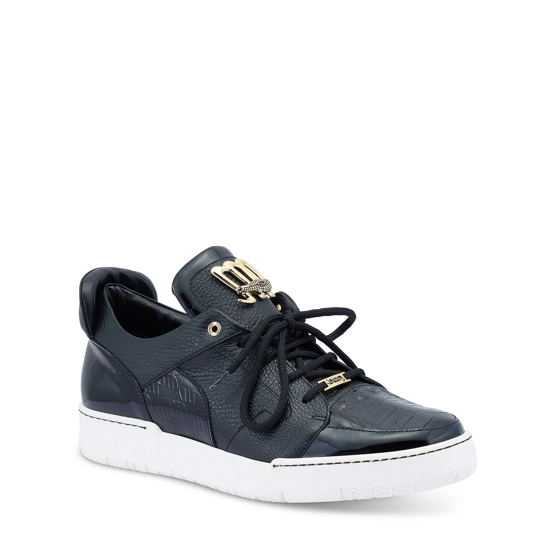 Mauri 8412/1 Boss Men's Shoes Black Exotic Crocodile / Patent / Calf-Skin Leather Casual Sneakers (MA5444)