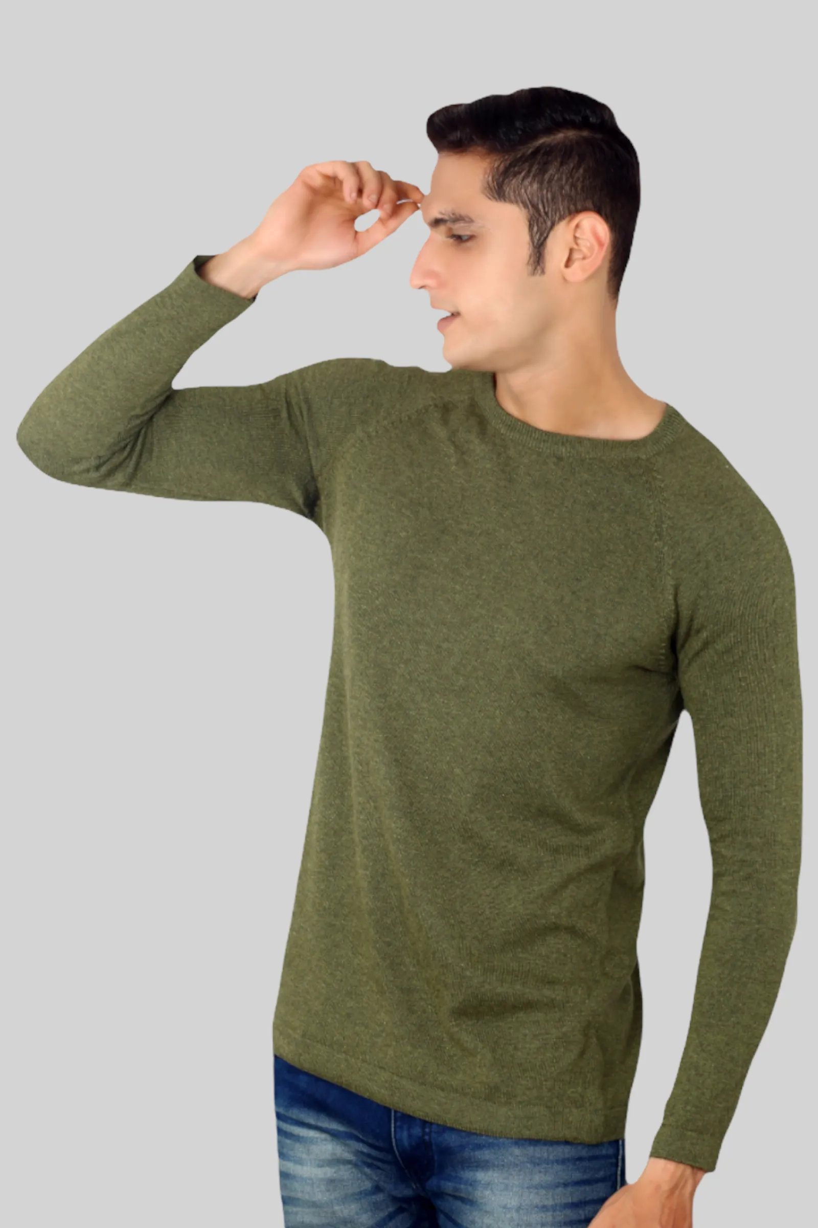 Mens Olive Green Flat Knit Full Sleeve round neck T-shirt