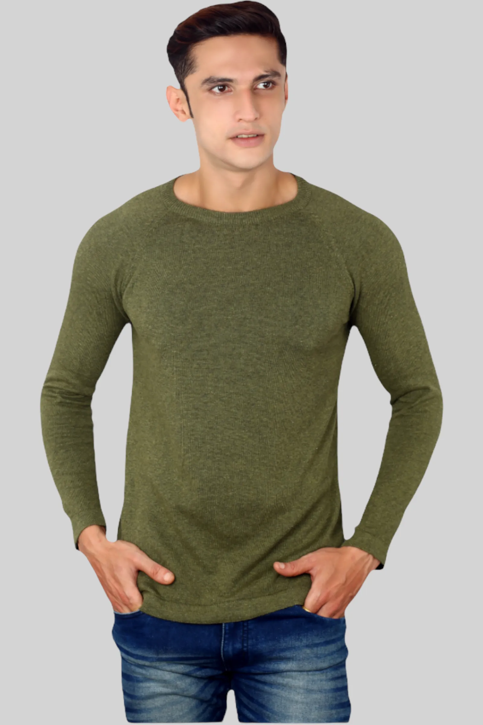 Mens Olive Green Flat Knit Full Sleeve round neck T-shirt