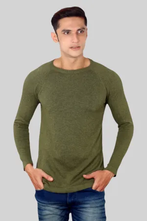 Mens Olive Green Flat Knit Full Sleeve round neck T-shirt
