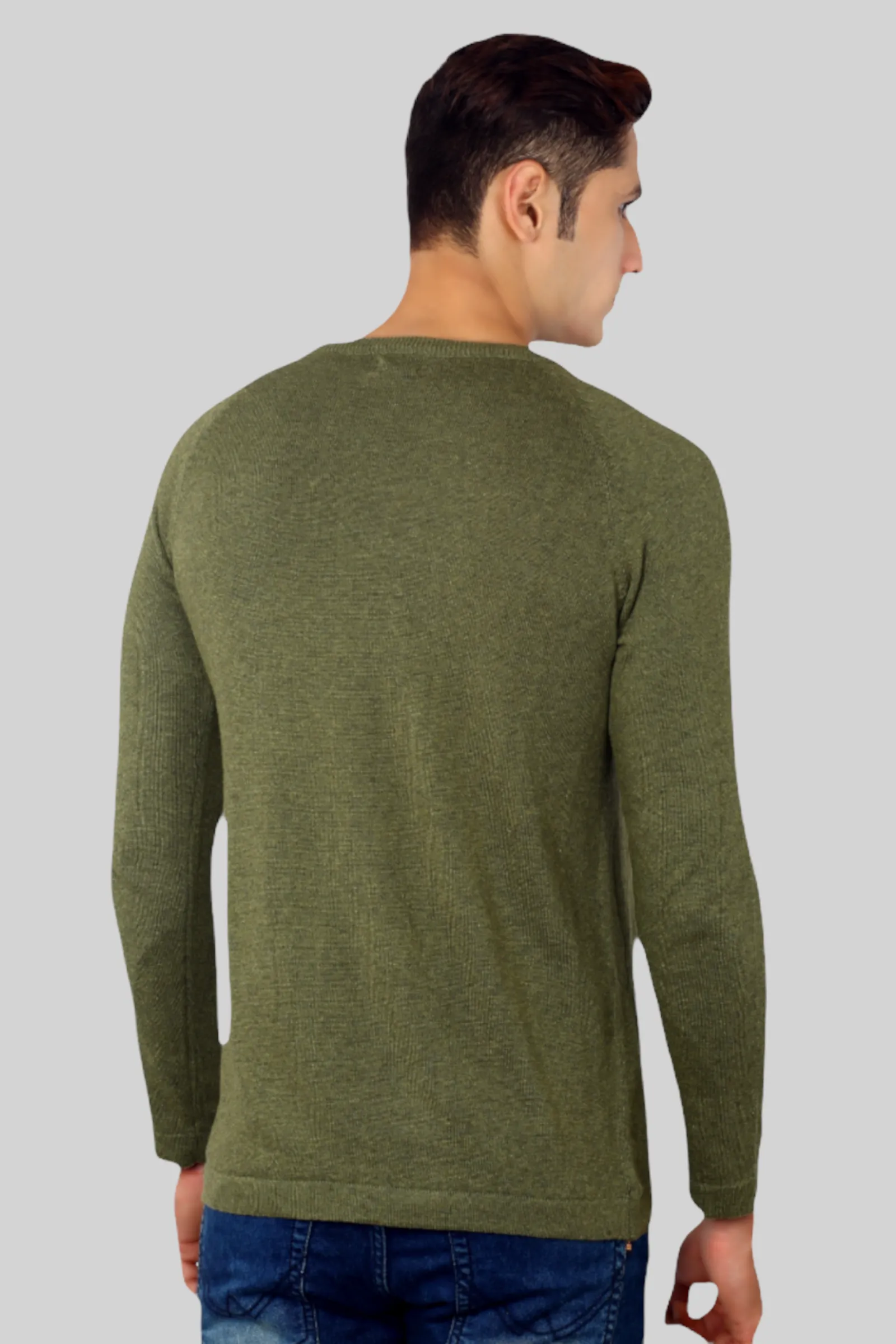 Mens Olive Green Flat Knit Full Sleeve round neck T-shirt