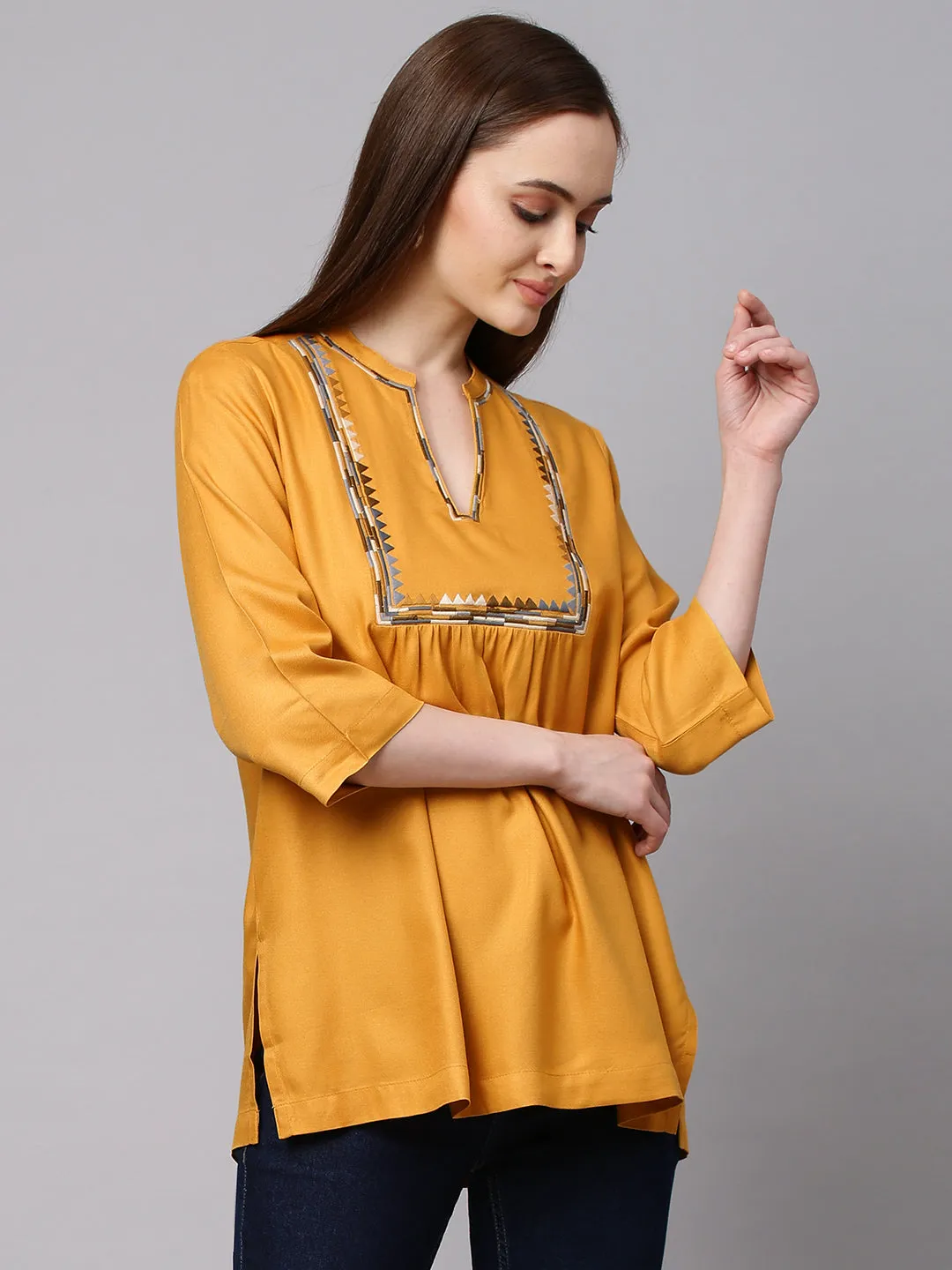 Mustard Embroidered Rayon Twill Top