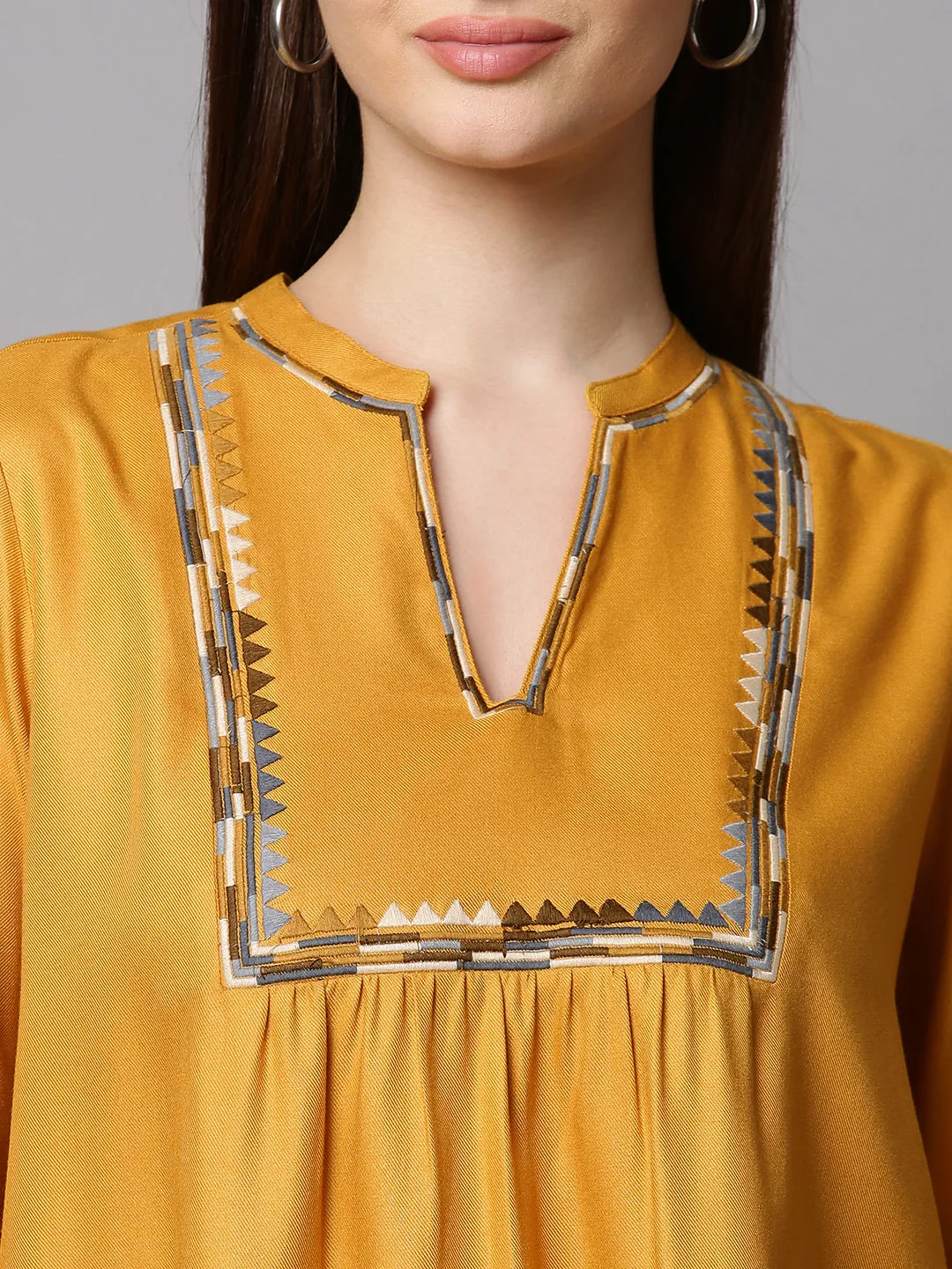 Mustard Embroidered Rayon Twill Top