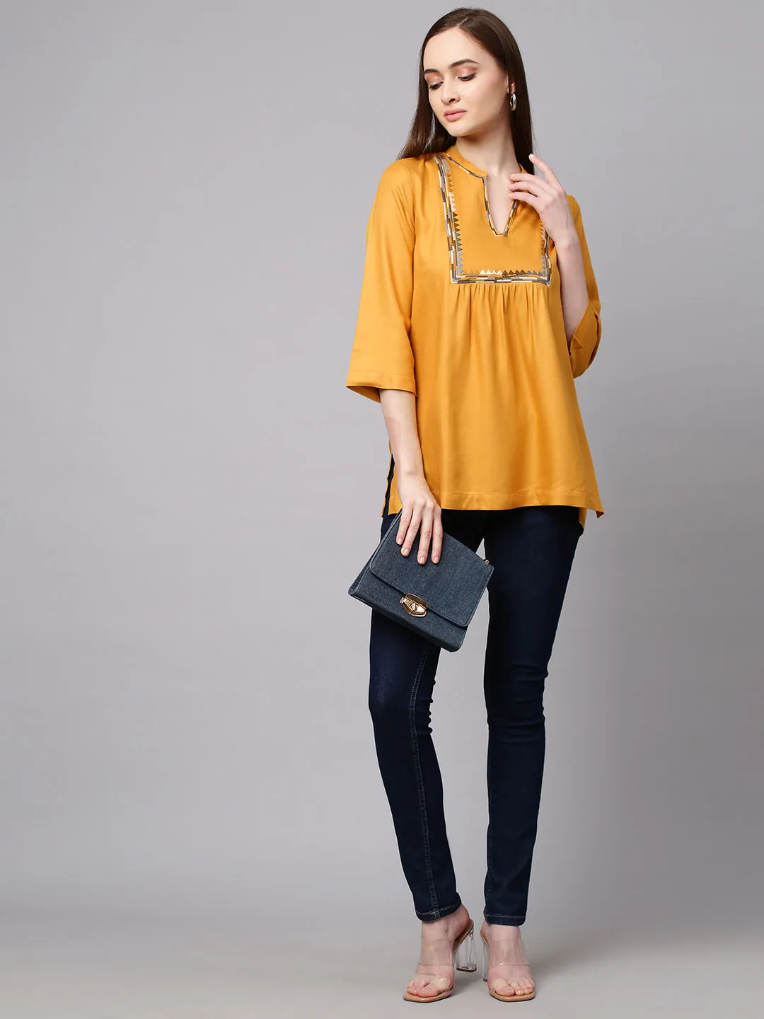 Mustard Embroidered Rayon Twill Top