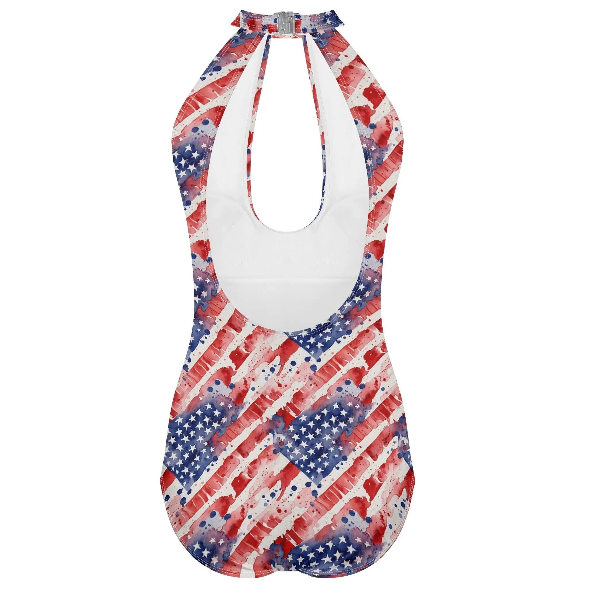 Womens Watercolor Independence One Piece Swimsuit Sexy Halter Cut Out Tie Backless Swimwear