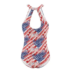 Womens Watercolor Independence One Piece Swimsuit Sexy Halter Cut Out Tie Backless Swimwear